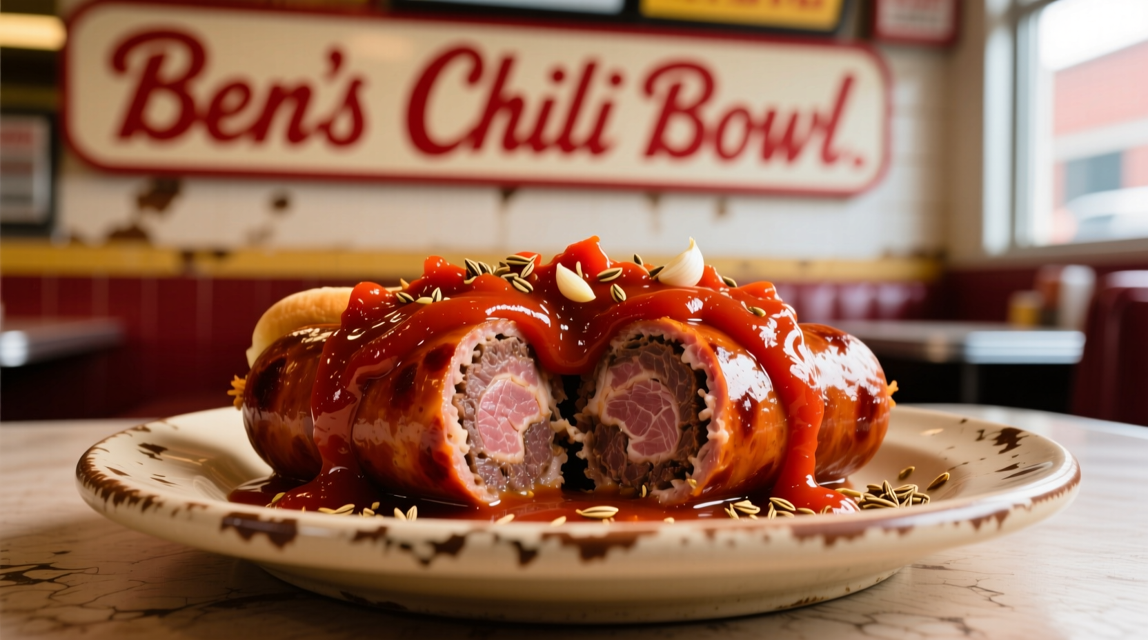 Half smoke sausage with chili topping at Ben's Chili Bowl