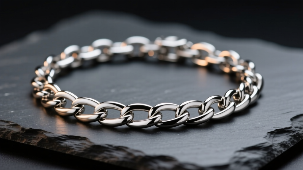 Close-up of a polished 316L stainless steel chain necklace resting on a dark slate surface, reflecting soft, warm studio lighting.