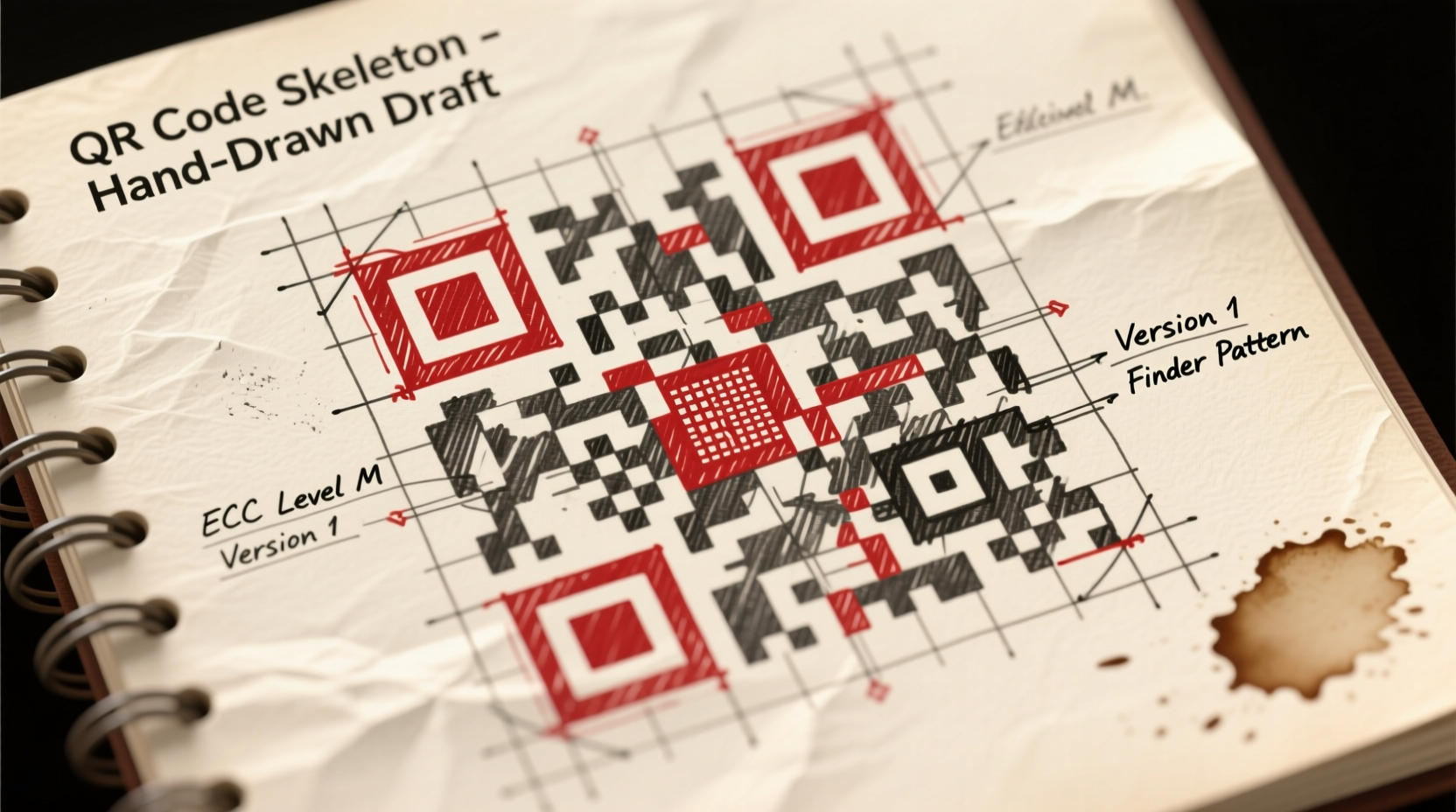 Hand-drawn QR code skeleton with critical patterns marked