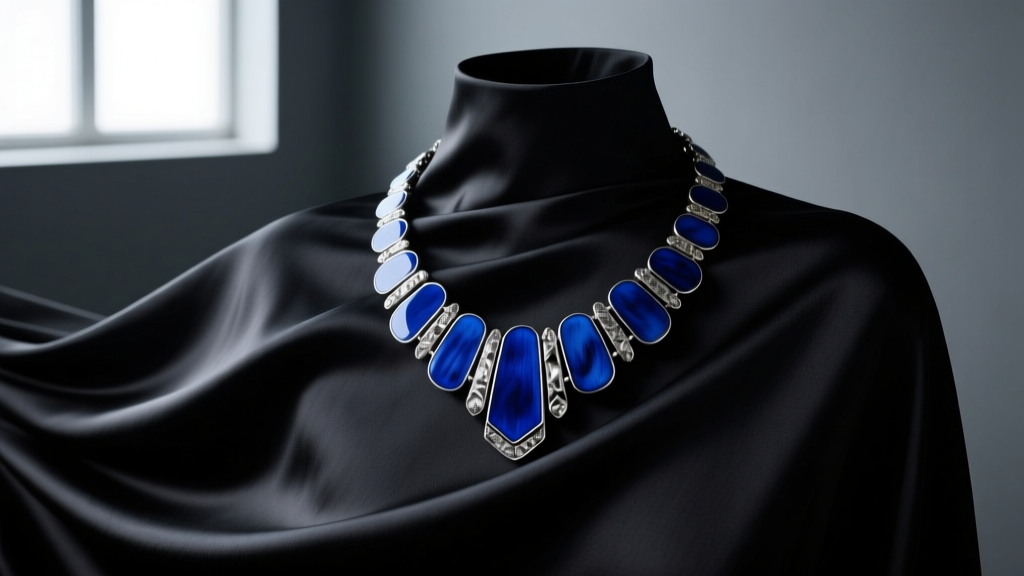 Avant-garde Yamamoto blue necklace with oxidized silver and deep indigo enamel draped over black silk in moody studio lighting.
