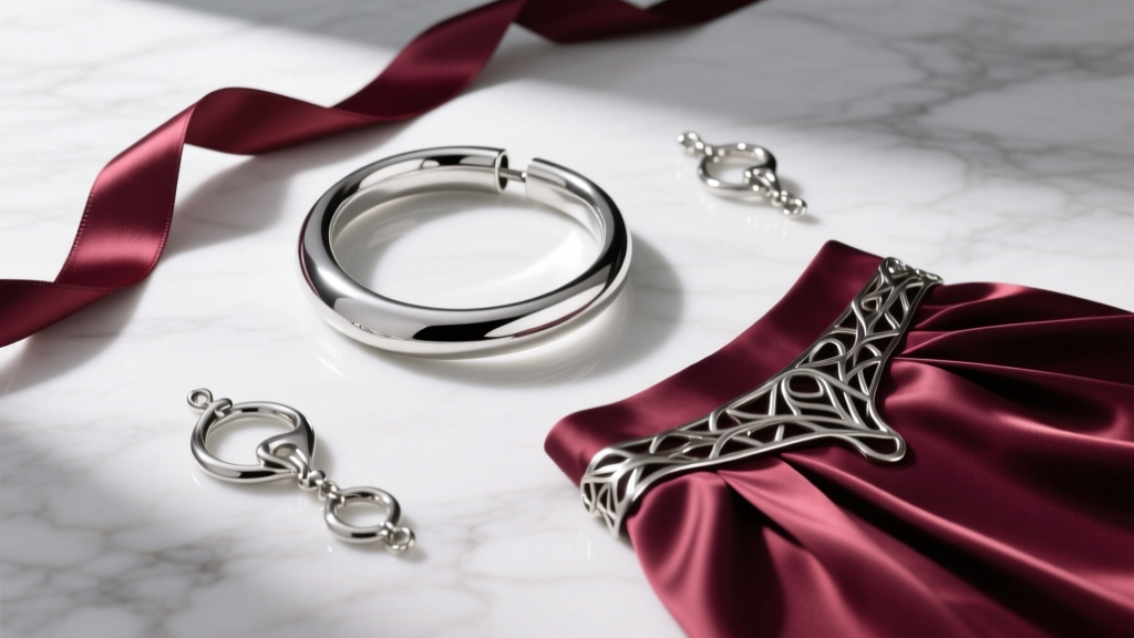 Flat lay of a silver torque choker, silk ribbon, and metal skirt hardware arranged on white marble with soft directional shadows