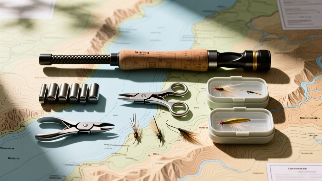 Flat lay of a sub-three-pound fly fishing kit with collapsible rod, micro-nippers, and compact fly boxes on a topo map