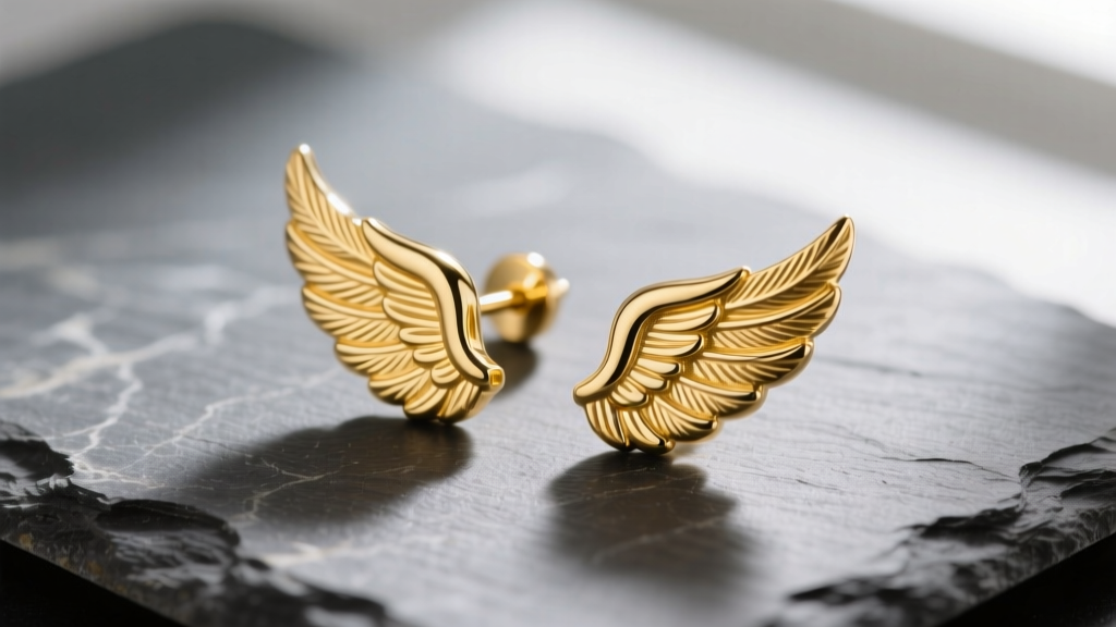 Close-up of 14k yellow gold angel wing stud earrings on slate, revealing delicate feather textures and a bright, polished surface.
