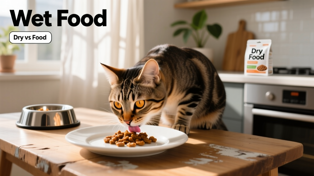 a tabby cat eating a portion of wet cat food off a white plate