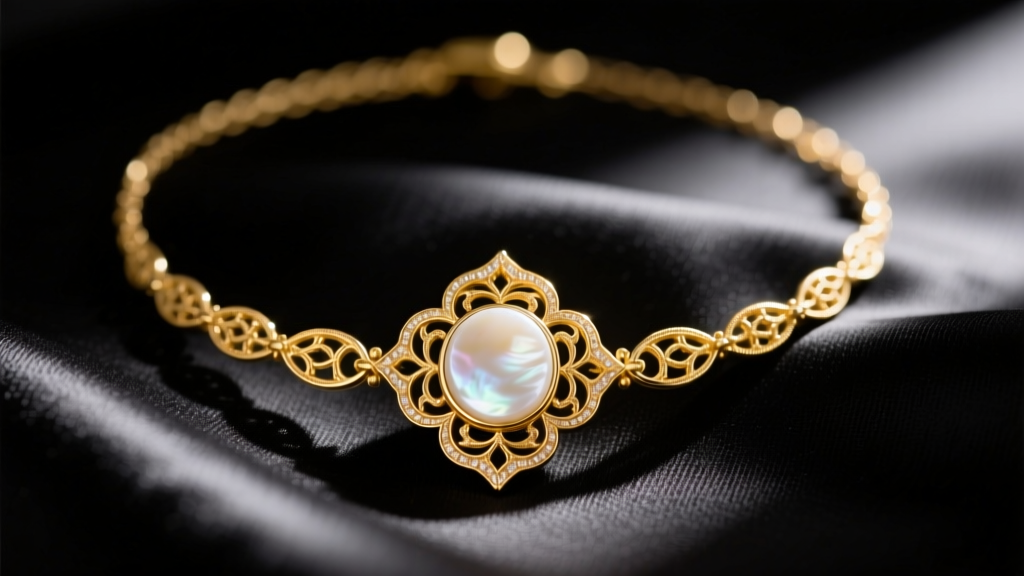 Close-up of an 18k yellow gold Vintage Alhambra VC necklace with white mother-of-pearl motif resting on dark silk fabric.