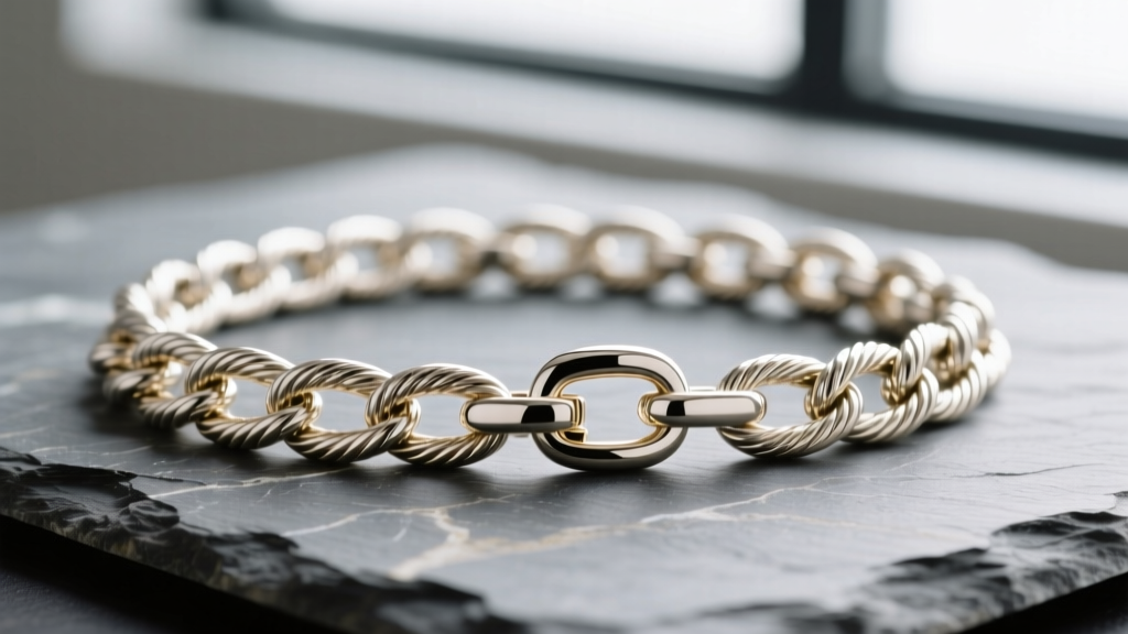 Close-up of an 18k white gold cable chain on slate, showing bright rhodium-plated links and a secure lobster clasp mechanism