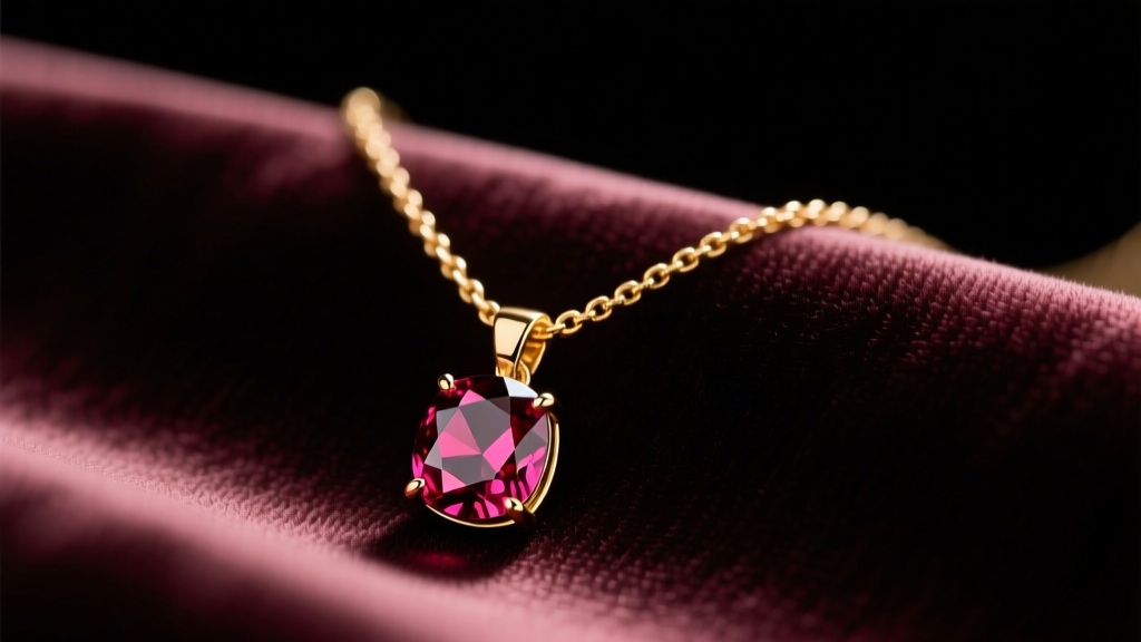 Close-up of a cherry gold necklace on dark silk showing its deep red-pink luster and a small bezel-set garnet gemstone pendant.