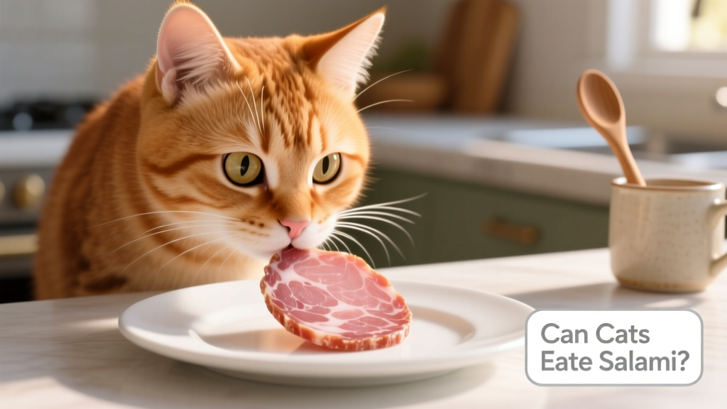Close-up of a curious cat sniffing a small slice of salami on a white plate