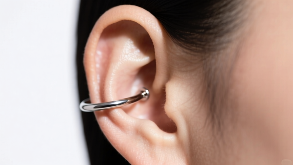 Close-up of minimalist 18-gauge titanium cartilage ear cuff clipping securely onto the upper helix with soft studio lighting