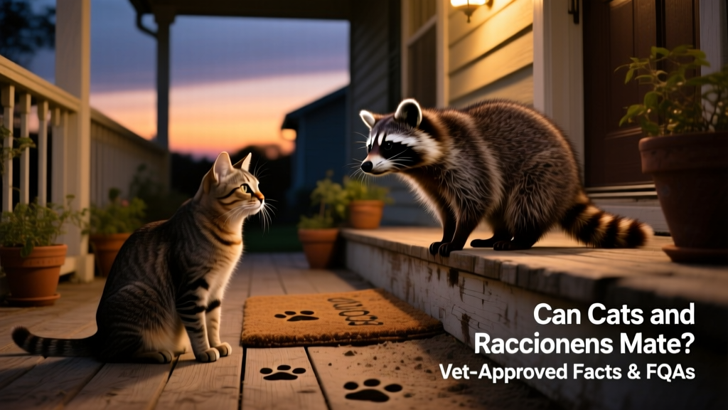 A domestic cat observing a raccoon from a safe distance on a porch at twilight