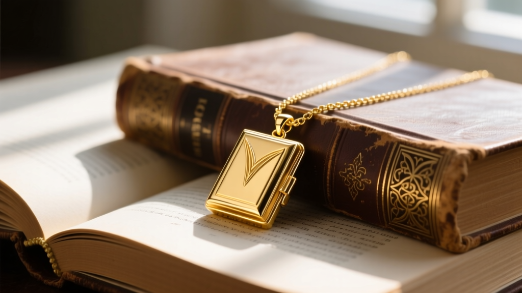 14k gold-filled book locket necklace resting on an open vintage hardcover novel, soft morning light highlighting the engraved spine