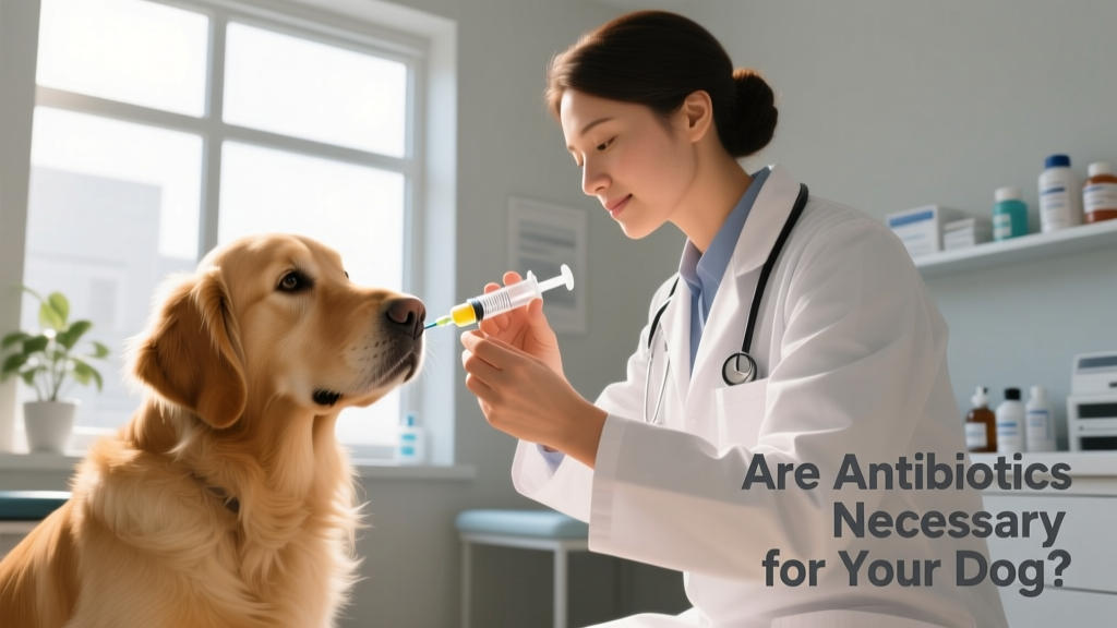 A veterinarian gently administering liquid antibiotic to a dog using an oral syringe