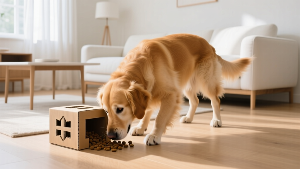 A golden retriever actively sniffing and foraging for kibble hidden inside a DIY cardboard box puzzle toy on a living room rug.