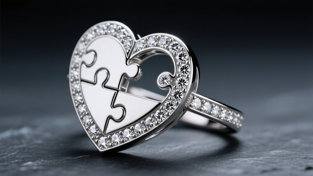 Macro shot of a platinum puzzle heart ring with pave-set diamonds, angled at 45 degrees against a dark slate background.