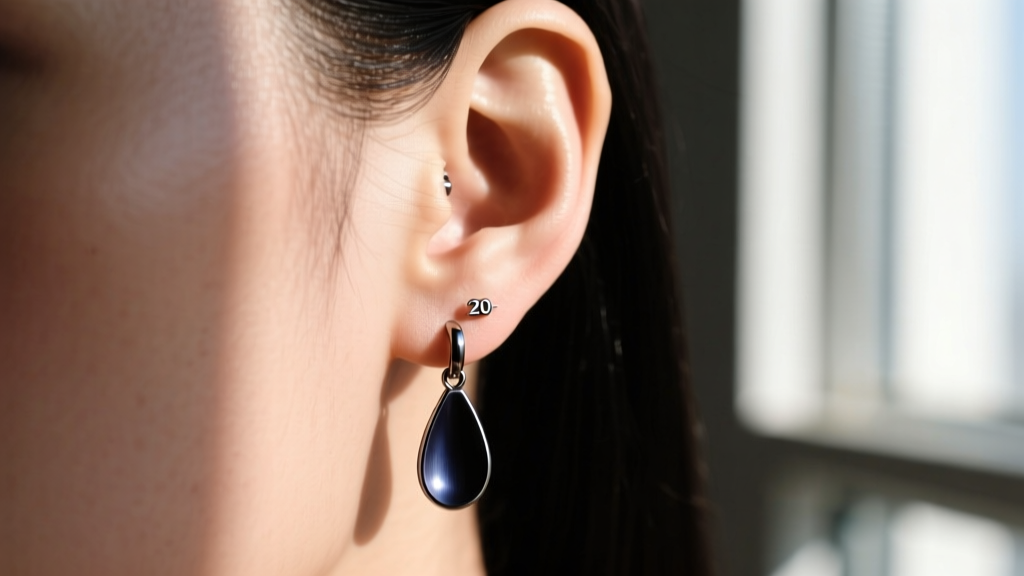 Earlobe wearing a 20g niobium drop earring, showing low tension and dark anodized metal finish in soft window sunlight.