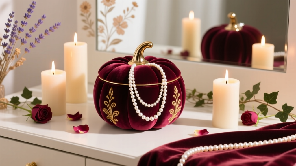 Romantic fairycore vanity setup with a pumpkin-shaped velvet jewelry organizer surrounded by pearl strands and lit taper candles.