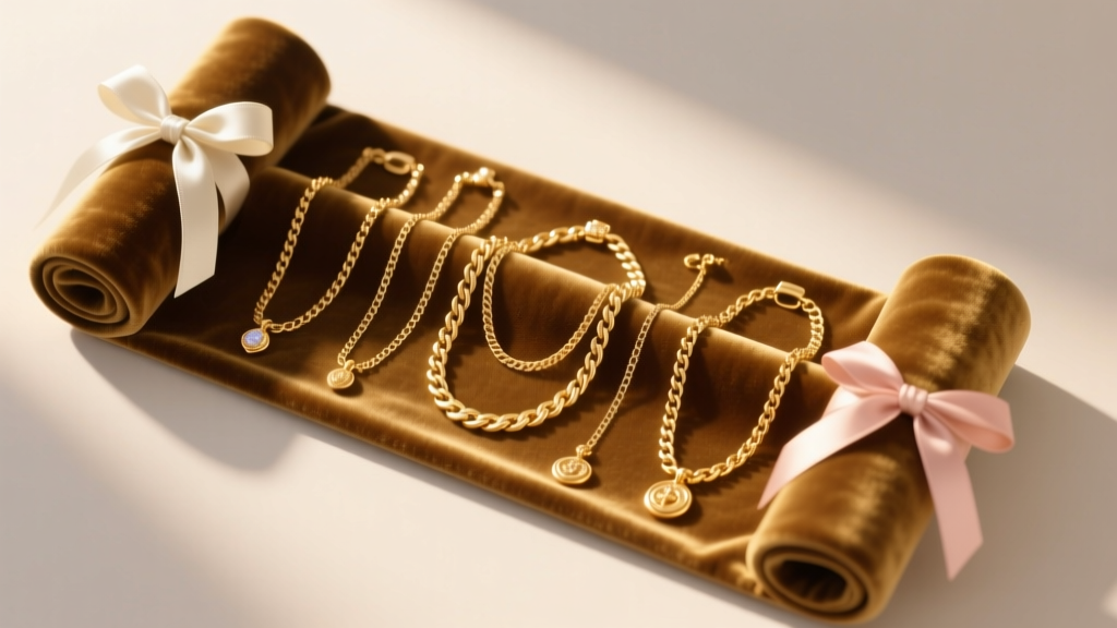 Top-down view of a velvet jewelry roll holding untangled 14k gold chains secured by silk ribbons in warm light.