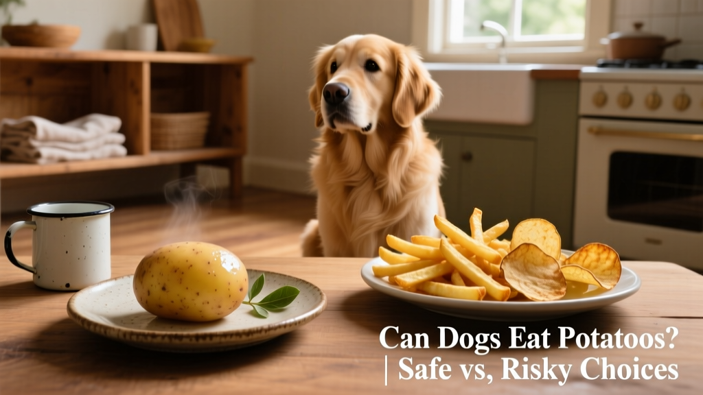 Side-by-side comparison of safe plain boiled potatoes and unsafe french fries and potato chips