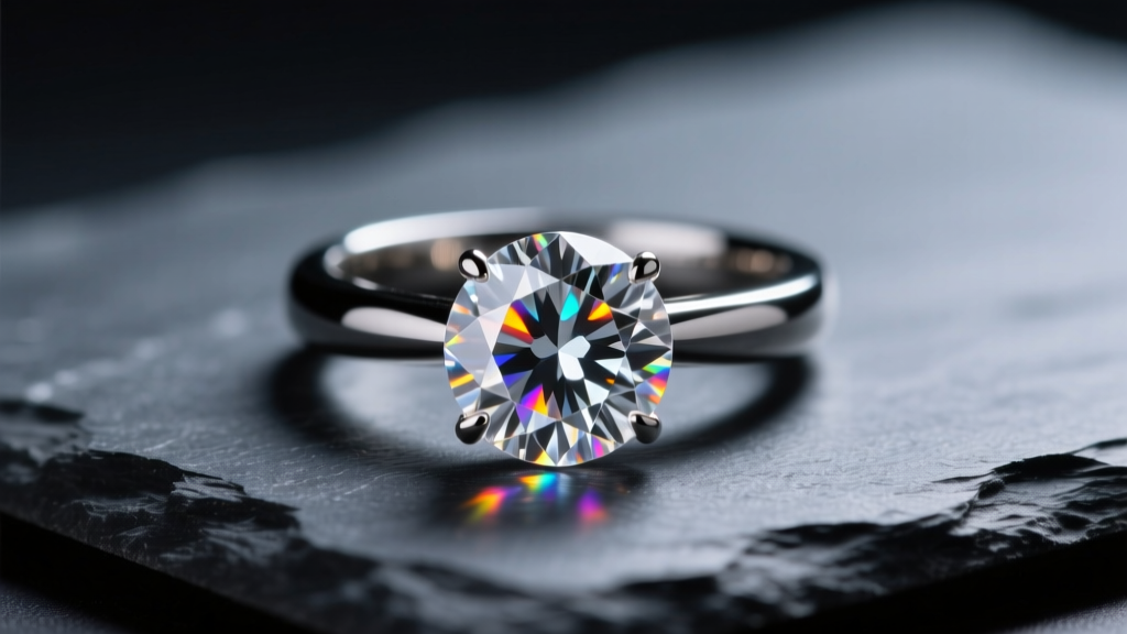 Macro shot of a 2-carat round brilliant lab created diamond ring on dark slate, illuminated by dramatic studio lighting to show fire