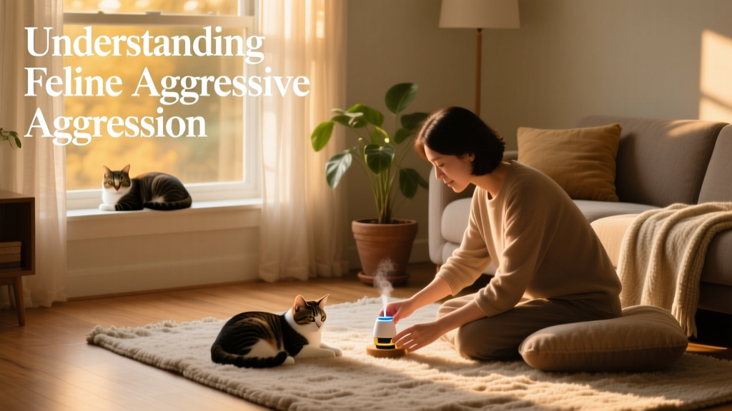 A human calmly placing a pheromone diffuser near a cat’s resting area while two cats rest separately in the same room