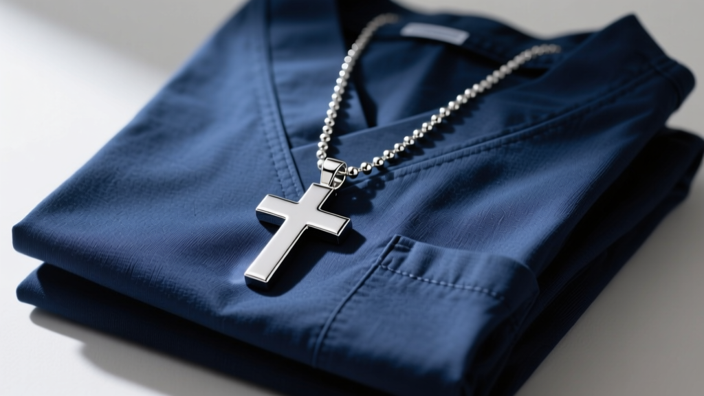 Polished 316L surgical steel medical cross pendant on a twenty inch ball chain resting on folded navy blue scrubs in soft light