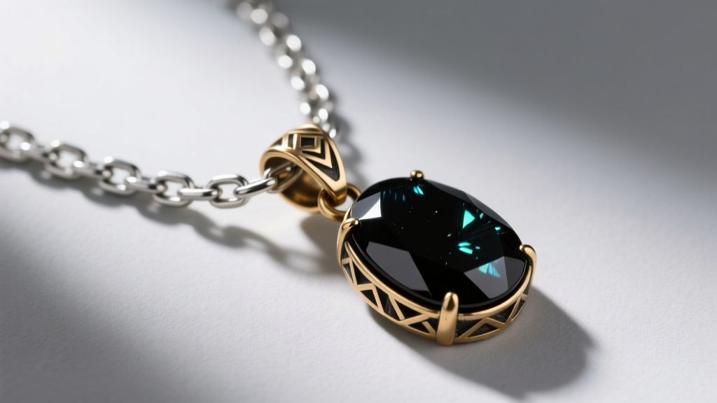 Overhead view of 3mm stainless steel wheat chain threaded through a reinforced brass bail of a heavy black tourmaline pendant.