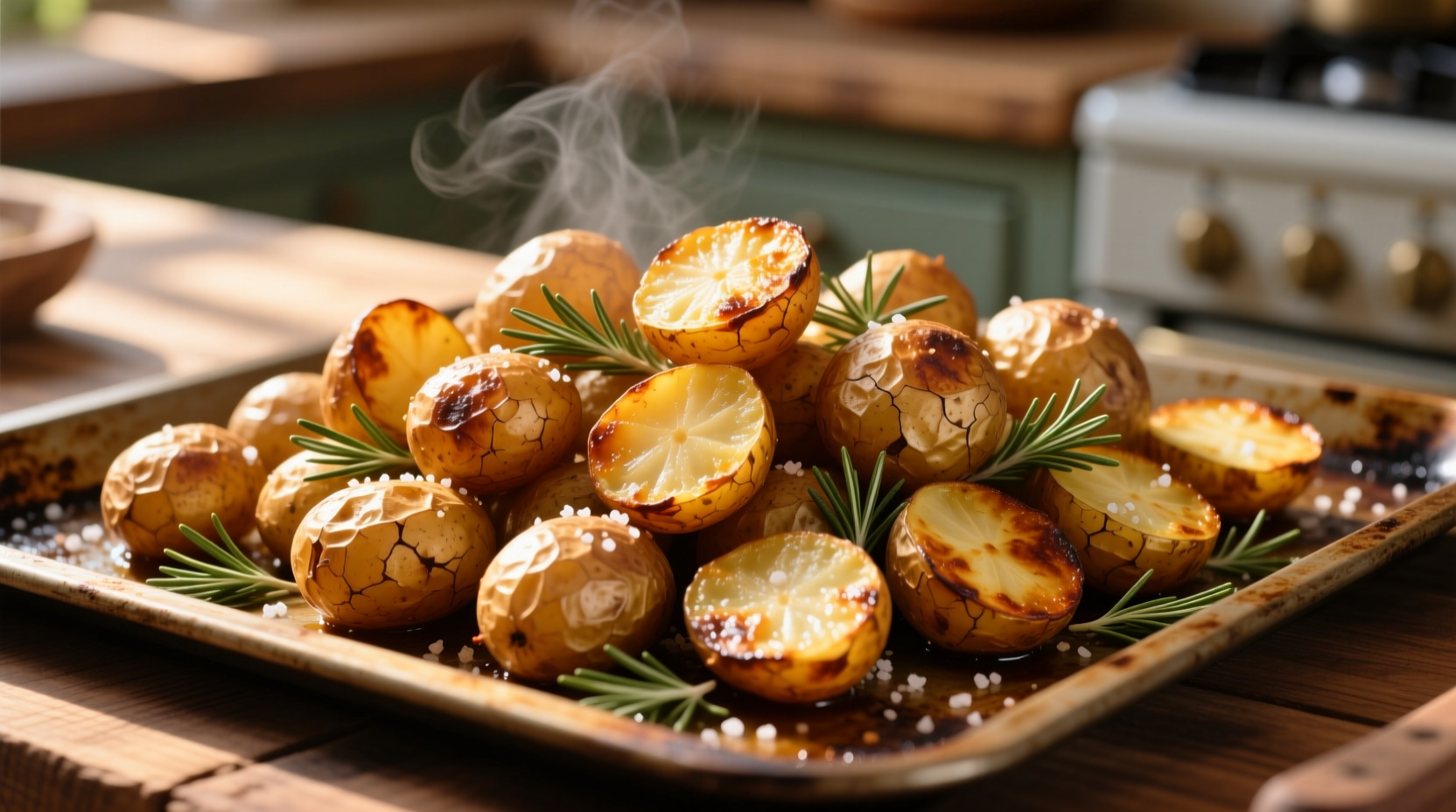 Perfectly golden crispy roasted potatoes on baking sheet