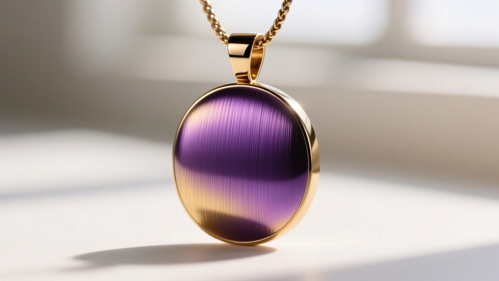Macro shot of an anodized titanium pendant showing a vibrant purple and gold gradient, highlighting brushed metal textures.