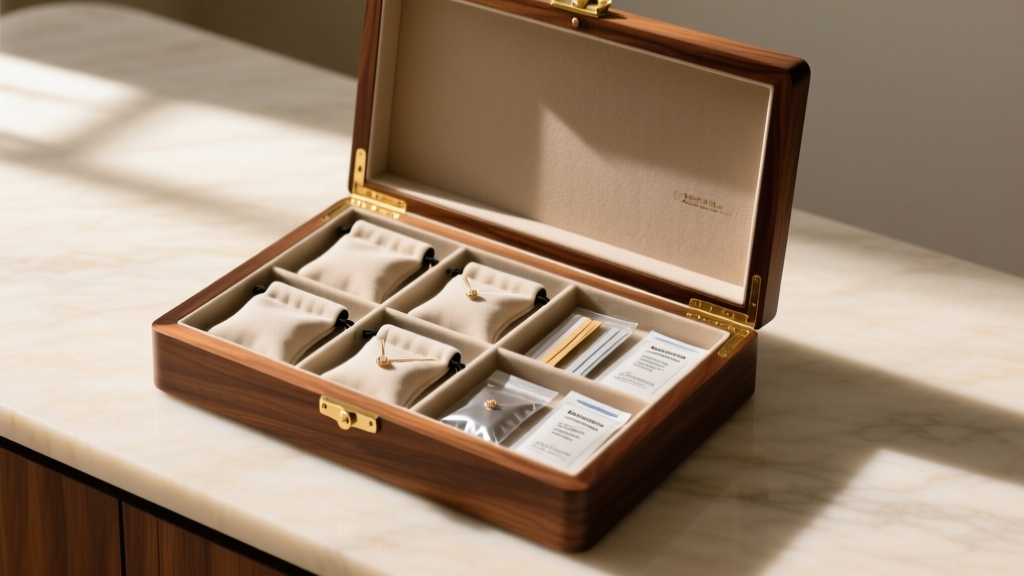 Open wooden jewelry box displaying microfiber pouches, anti-tarnish strips, and silica packets for optimal jewelry humidity control