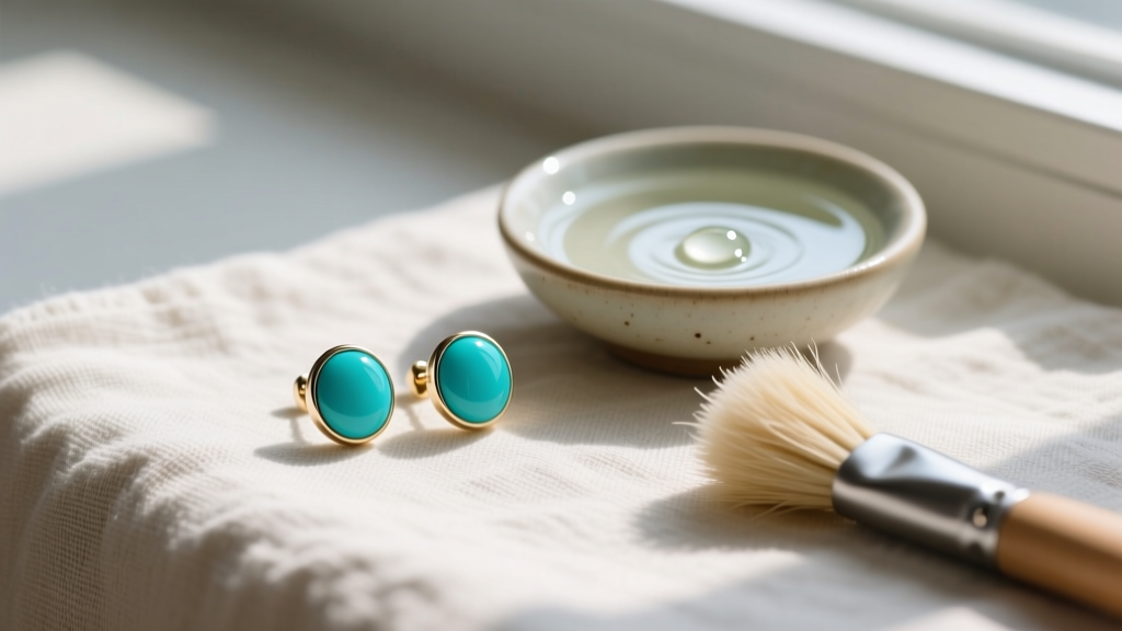 Turquoise stud earrings resting on soft linen cloth next to a small bowl of mild soapy water and a soft jewelry polishing brush