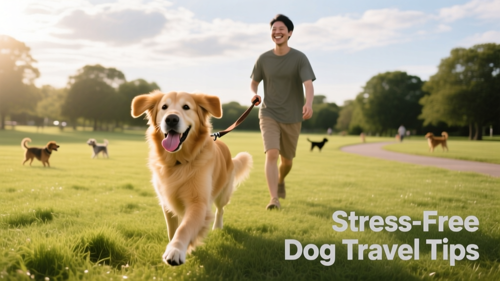 A dog happily exploring a grassy dog park with a leash loosely held by their owner