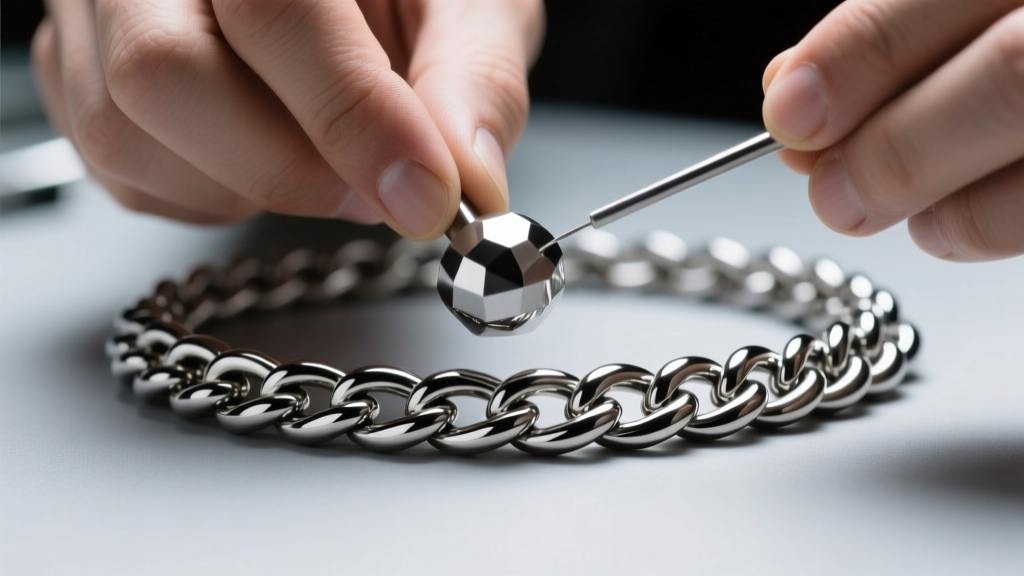 Close-up of a jeweler using a rare-earth magnet on a thick 316L stainless steel Cuban link chain under bright bench lighting