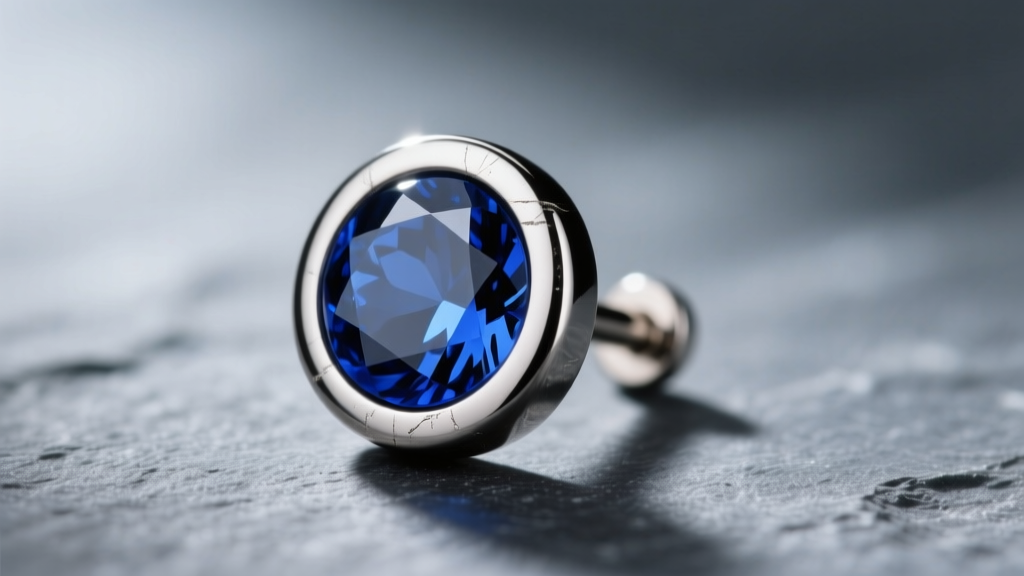 Macro shot of a 16-gauge titanium bezel stud earring with a sapphire on slate, soft lighting highlighting the smooth metal rim.