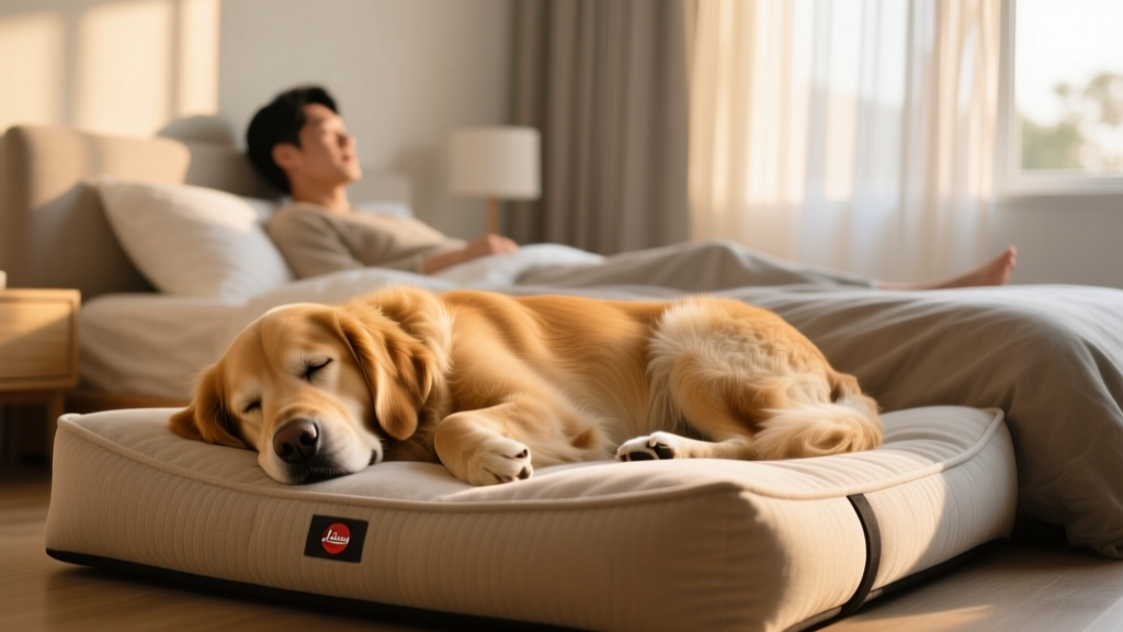 Dog peacefully sleeping on supportive orthopedic bed beside owner’s bed
