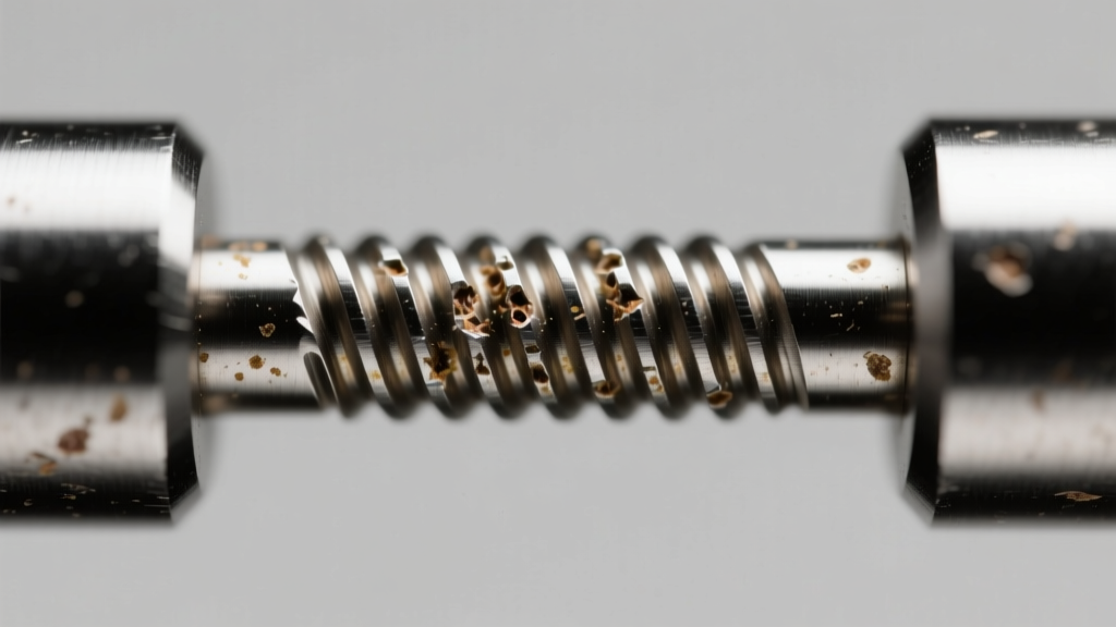 Macro view of external threading on a budget piercing barbell showing tiny metal grooves that harbor bacteria and irritate tissue