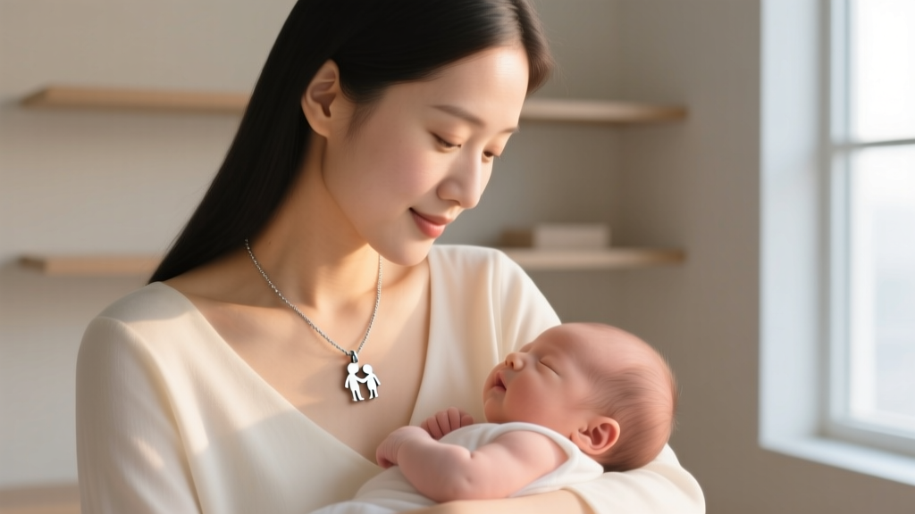 Mother wearing a minimalist steel mother child silhouette necklace while holding a baby to highlight hypoallergenic jewelry metals