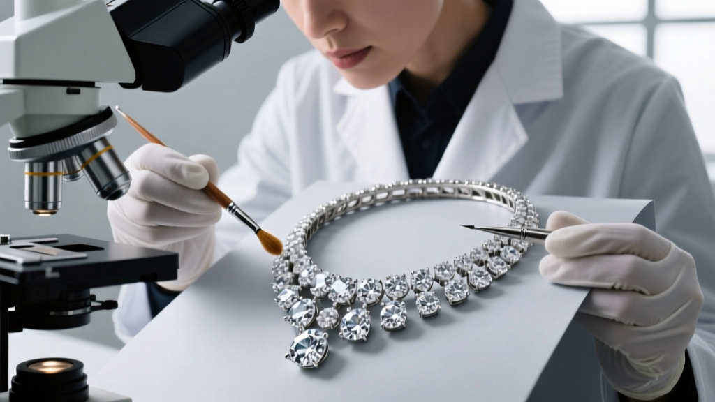 A jeweler inspecting the prongs of a heavy diamond choker under a microscope, demonstrating professional maintenance and care.