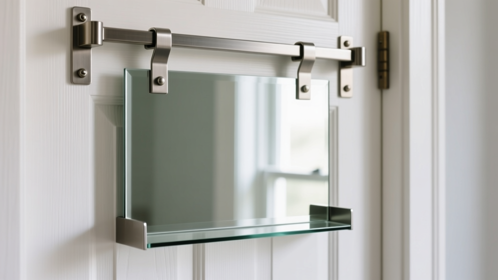 Over-the-door mirror jewelry organizer on a white wooden door, featuring heavy-duty metal brackets securing the top frame tightly.