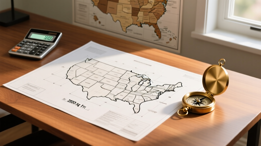 Blueprints for a 2000 sq ft house on a wooden desk with a calculator, brass compass, and regional US map in the soft background