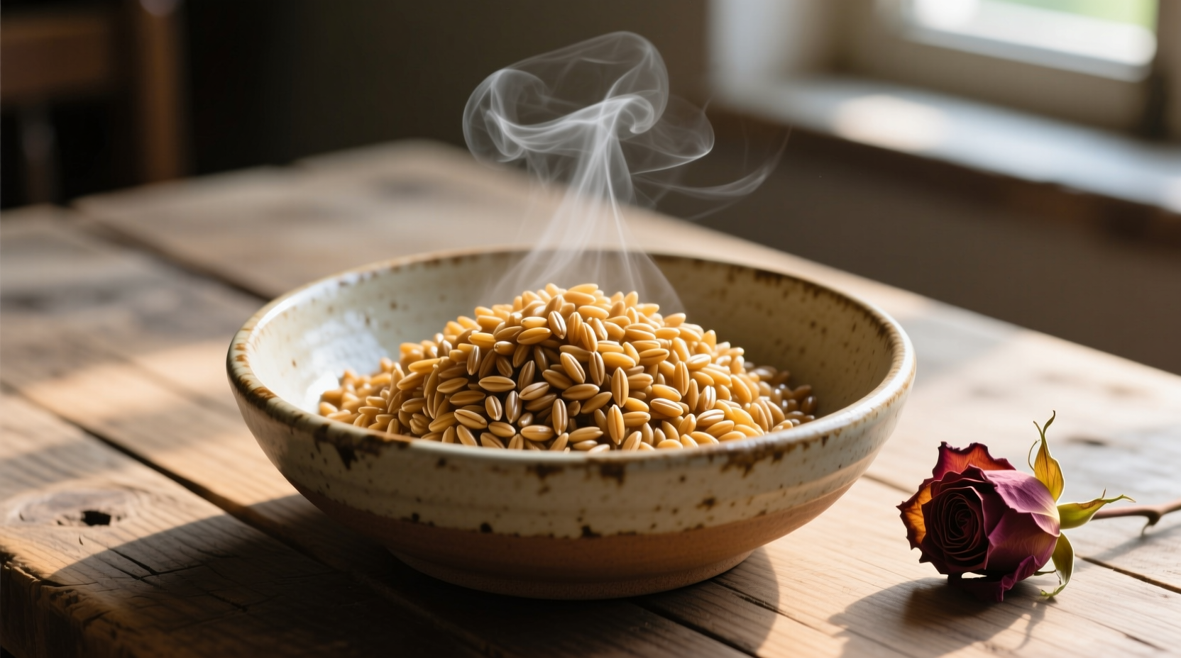 Perfectly cooked farro in a ceramic bowl