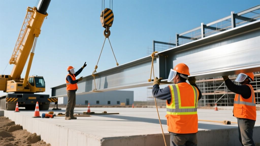 Steel erectors in high-visibility gear using a mobile crane to lift a primary structural I-beam into place on a commercial warehouse foundation