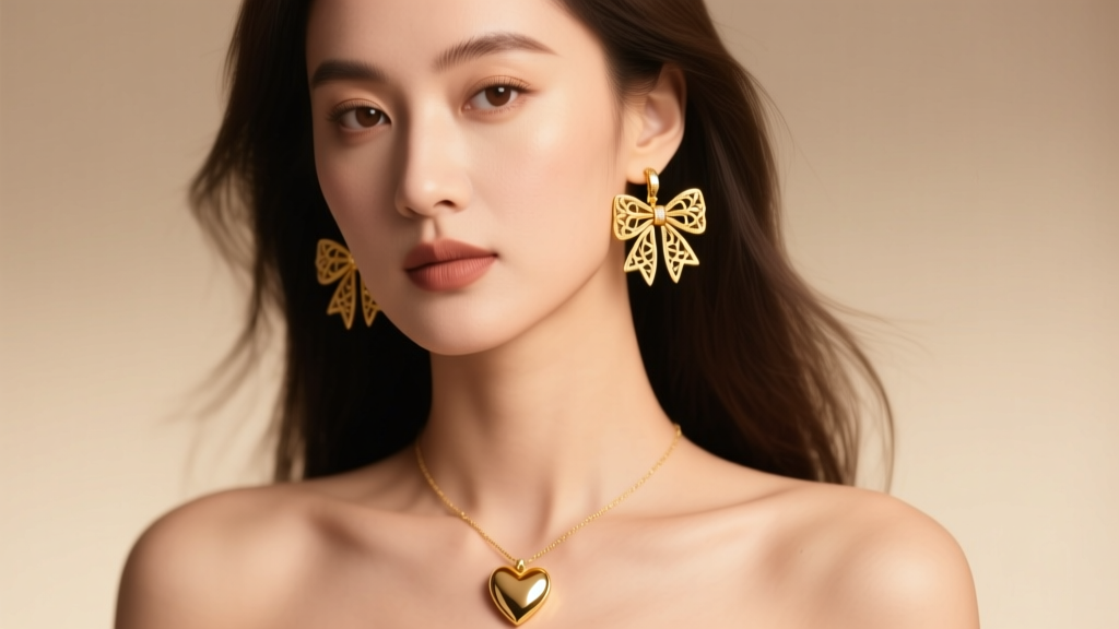 Close-up of a woman wearing 14k gold bow drop earrings and a matching heart necklace, illuminated by soft, warm studio lighting.