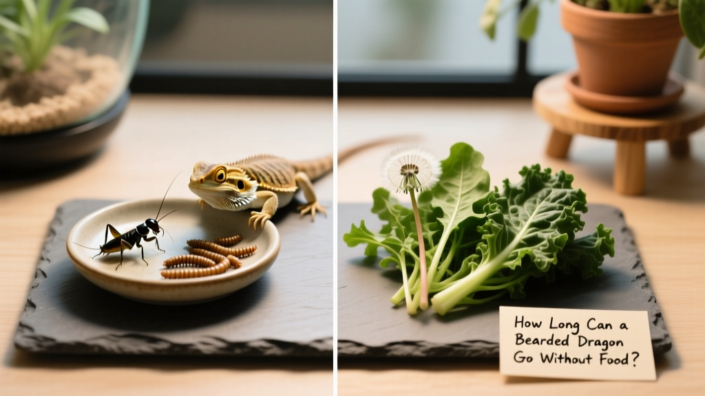 Side-by-side comparison showing proper feeding setup: live insects in a shallow dish and fresh leafy greens on a clean slate