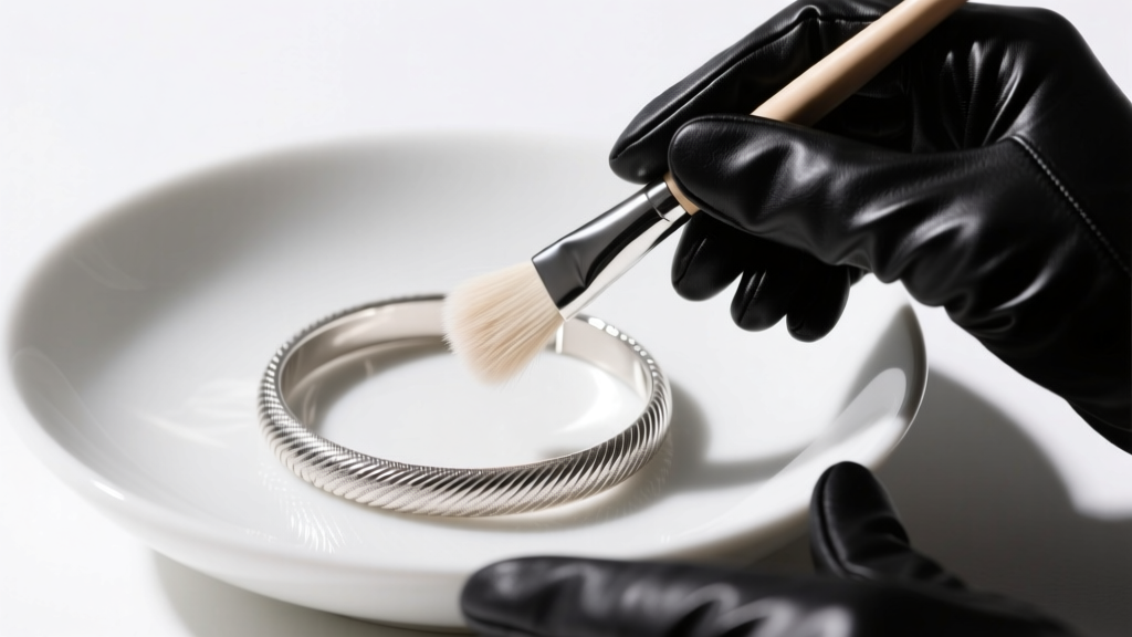 Hands in gloves gently brushing a textured platinum numemon bracelet with a soft goat-hair brush over a white ceramic bowl.