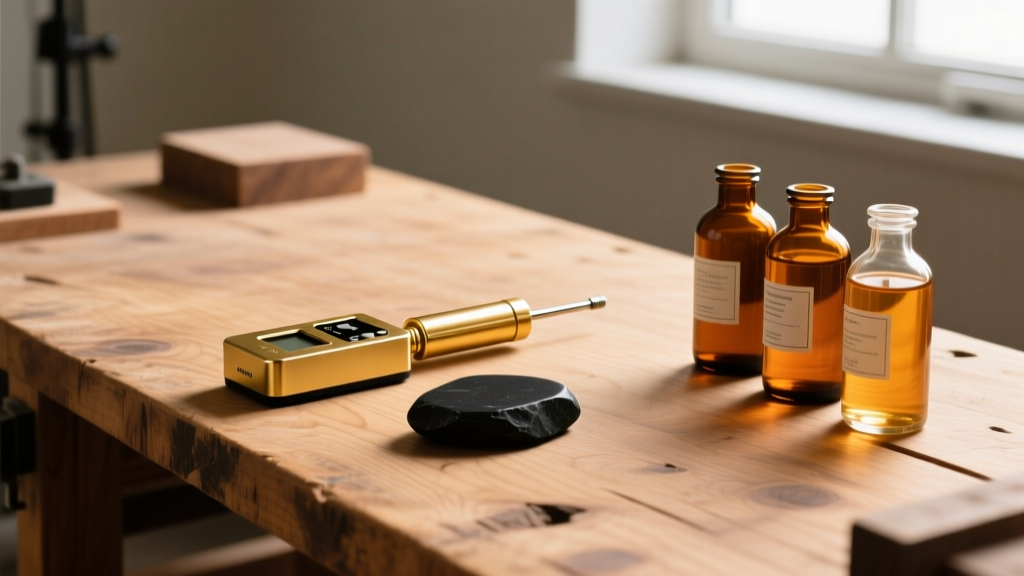 Wooden workbench displaying an electronic gold tester, amber acid bottles, and a black testing stone under warm overhead lighting.