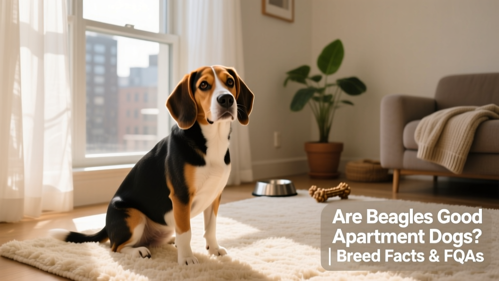 A friendly, curious Beagle sitting on a cozy apartment rug beside a window with soft natural light