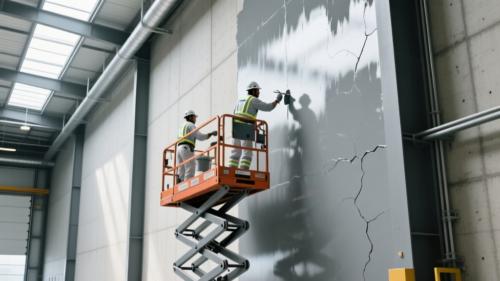 Commercial painters on a scissor lift applying gray epoxy coating to high interior concrete walls of a large warehouse facility