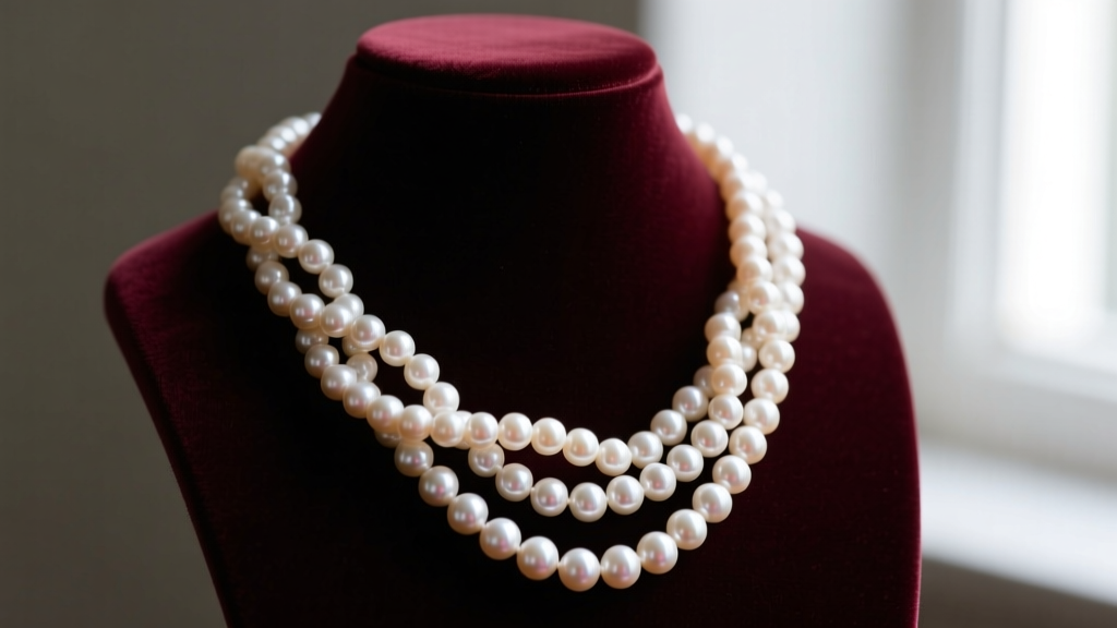 Close-up of a multi-strand freshwater pearl torsade necklace twisted elegantly, resting on a dark velvet jewelry display bust.