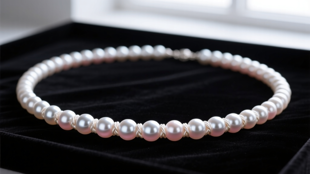 Close-up of an 18-inch Akoya pearl necklace on dark velvet, showing sharp luster and individual silk knots between each pearl.