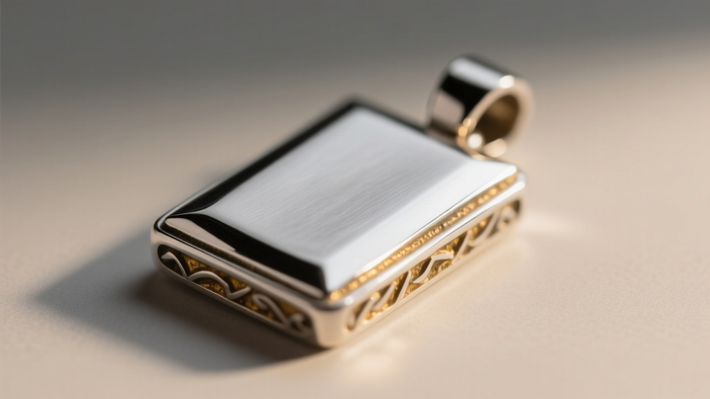 Sterling silver rectangle pendant macro shot revealing subtle patina and sharp edges under warm directional studio light.
